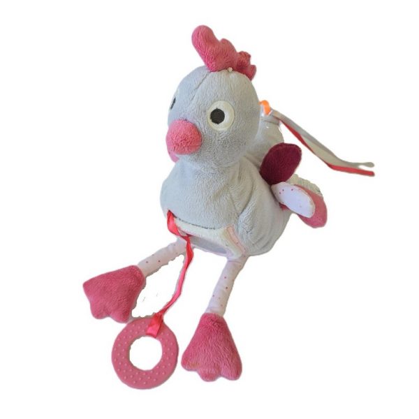 Doudou Oiseau Poule gris rose jouet d'éveil bébé OBAIBI